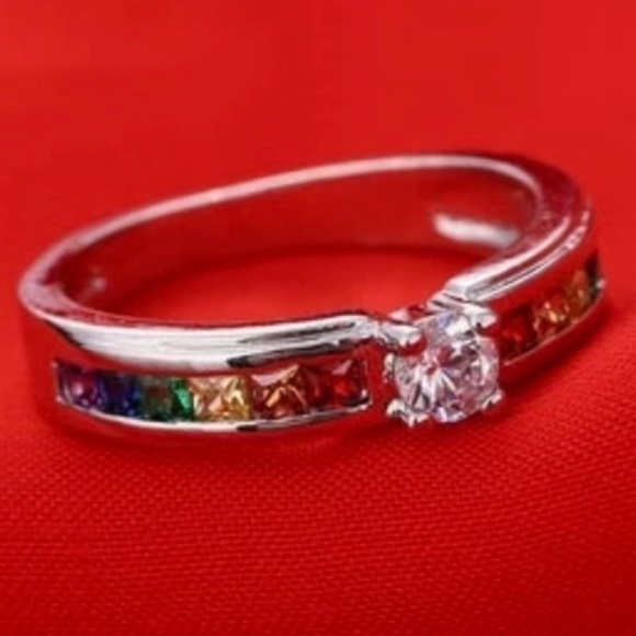 Rainbow Pride Ring Fashion Jewelry Zircon Centre Stone Sz 6.5 Excellent Quality - Picture 9 of 11